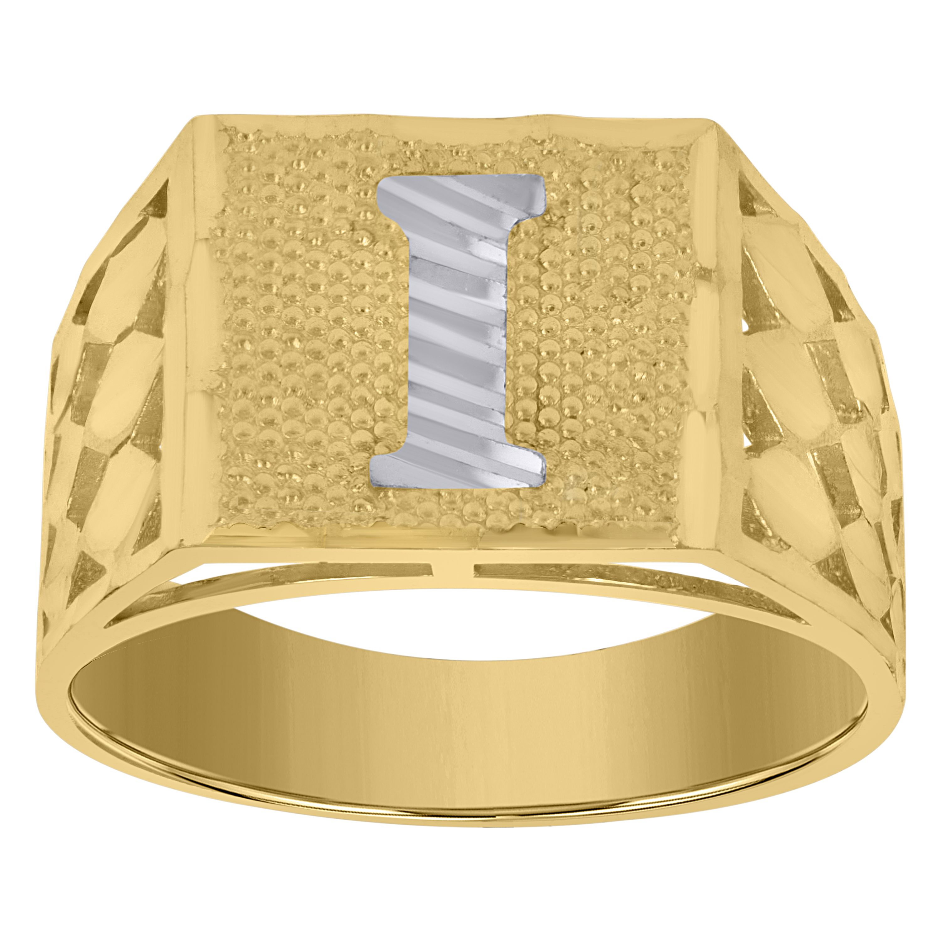 10kt Two-Tone Gold Mens Diamond-Cut Textured Initial Letter I Band Rin