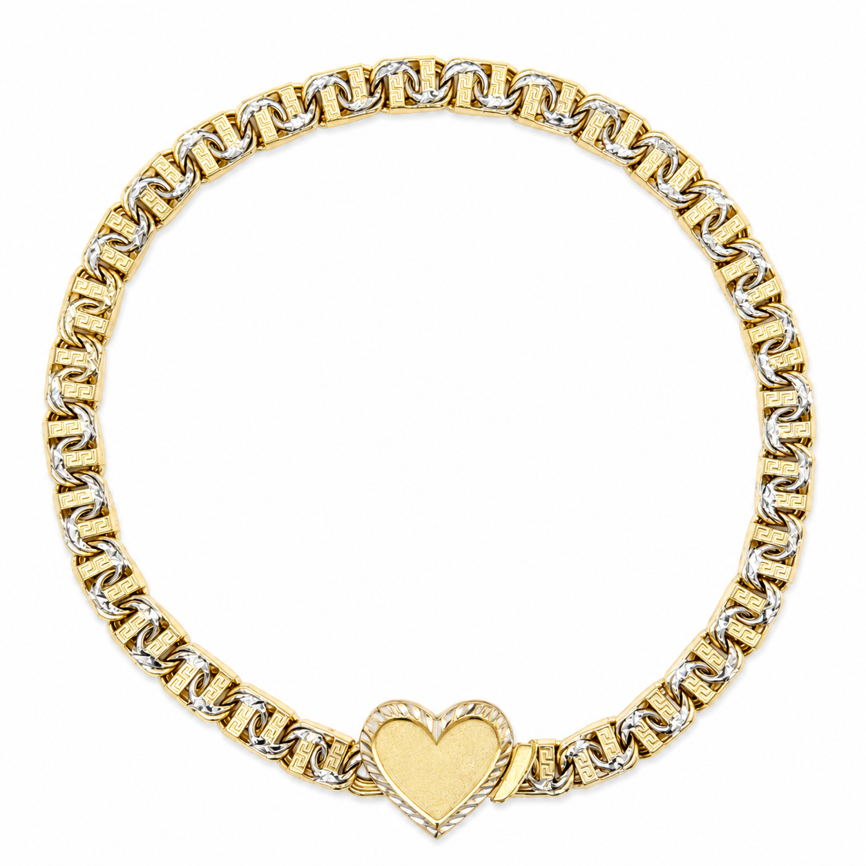 10KT Gold 5MM Chino Bar Heart Bracelet with Greek Bars, Diamond Cut Li