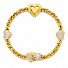 10KT Gold 5MM Chino Link Monaco Bracelet with Three Hearts  7.5 Inches