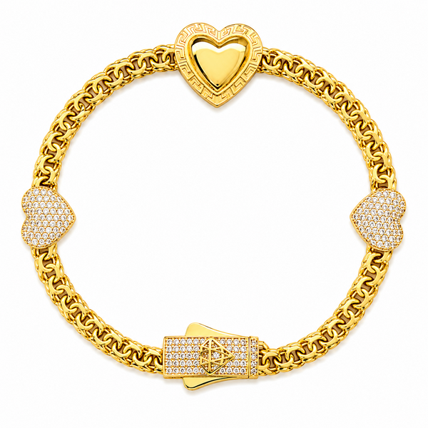 10KT Gold 5MM Chino Link Monaco Bracelet with Three Hearts  7.5 Inches