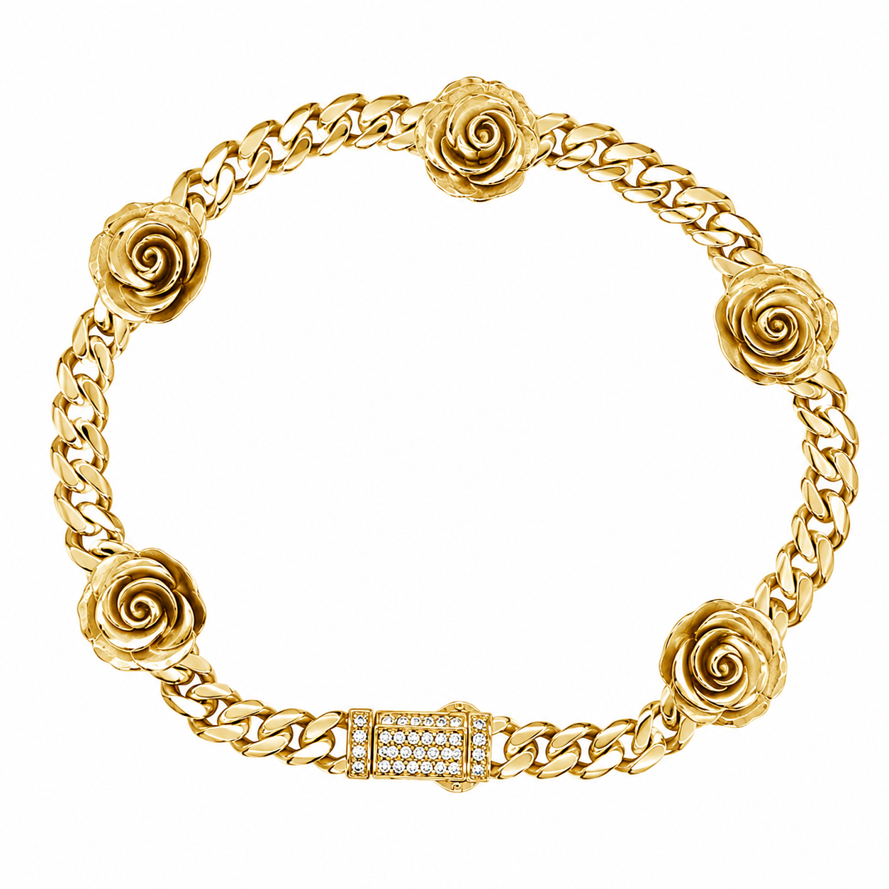 10KT Gold 5MM Cuban Monaco 5 Roses Flowers CZ Bracelet 7 Inches