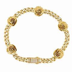 10KT Gold 5MM Cuban Monaco 5 Roses Flowers CZ Bracelet 7 Inches