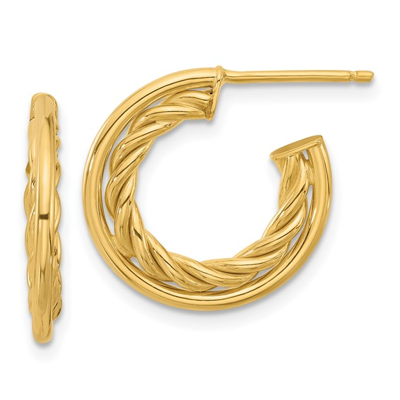 LE 14K Polished and Textured J-Hoop Post Earrings