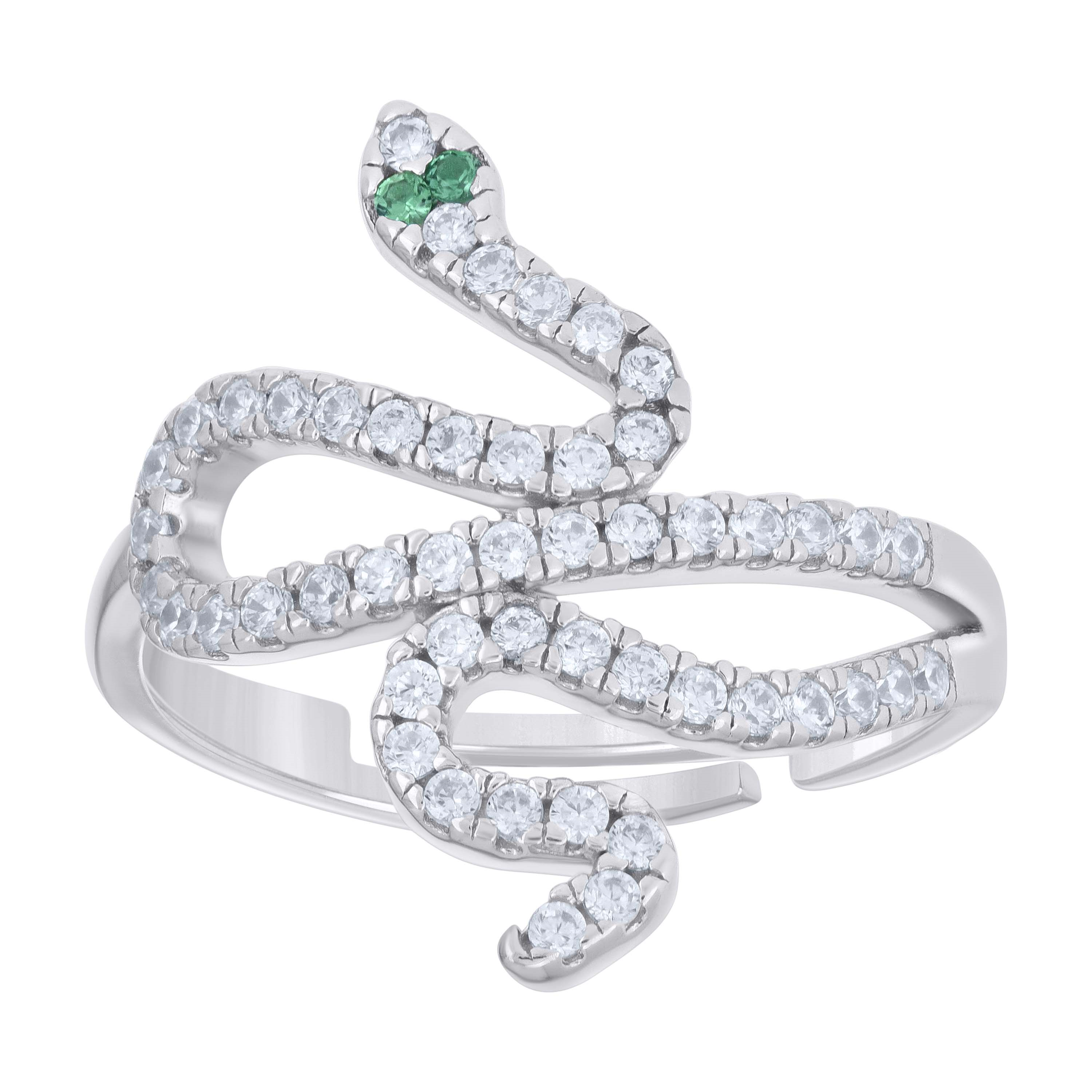 925 Sterling Silver Womens Green White Cubic-Zirconia Snake Fashion Ri
