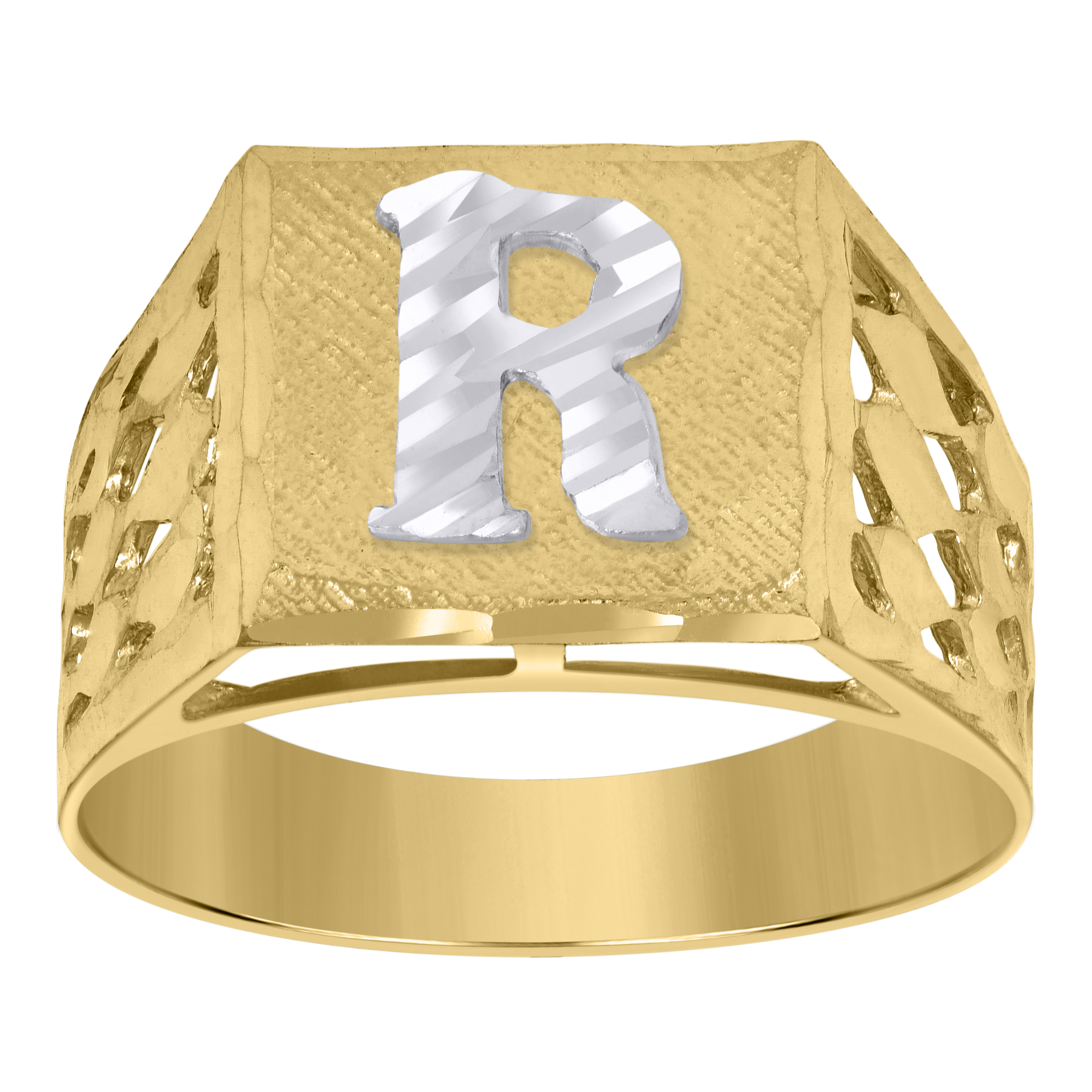10kt Two-Tone Gold Mens Diamond-Cut Textured Initial Letter R Band Rin