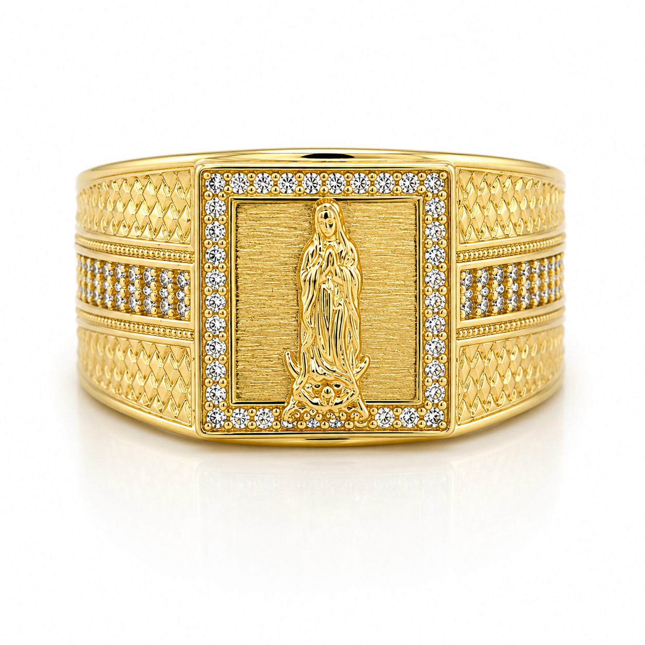 10KT Gold Virgin Mary Virgen de Guadalupe Ring with CZ and Design on S
