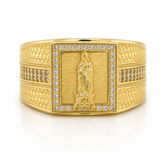 10KT Gold Virgin Mary Virgen de Guadalupe Ring with CZ and Design on S