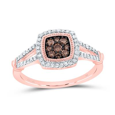 10KT ROSE GOLD 3/8CTW-DIA P1 GIFT CHOCOLATE DIAMONDS COGNAC NATURAL CUSHION RING