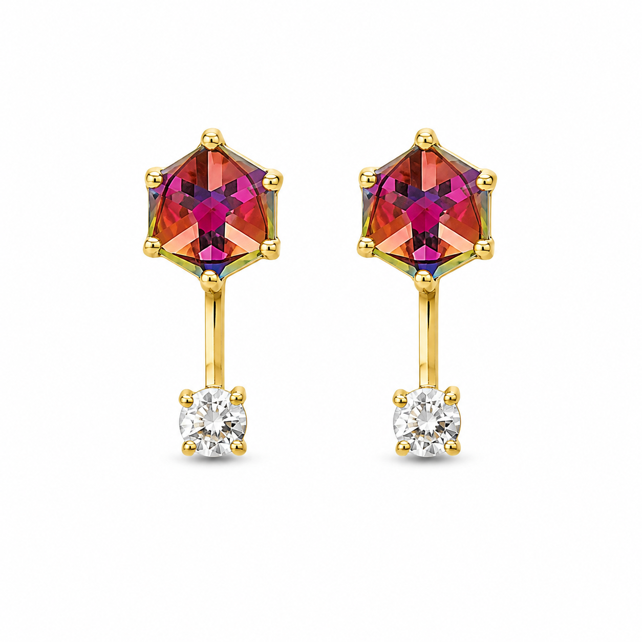 10KT Gold 4MM Rainbow Cube with 3MM Round CZ Telephone Style Stud Earrings