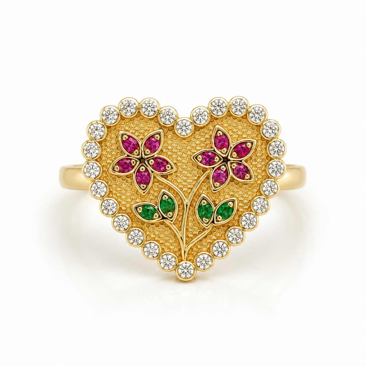 10KT Gold Heart Ring with Two Flowers