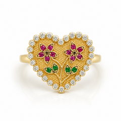 10KT Gold Heart Ring with Two Flowers