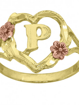 10Kt Two-Tone Gold Womens Dc Textured Initial Letter P Heart Band Ring