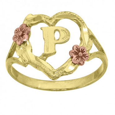 10Kt Two-Tone Gold Womens Dc Textured Initial Letter P Heart Band Ring