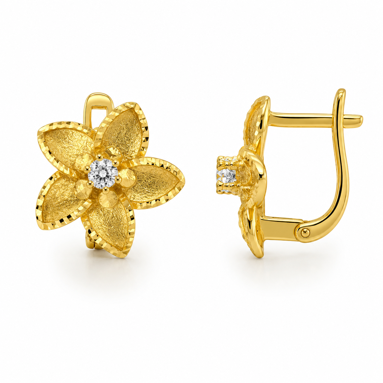 10KT Gold Hibiscus Flower Earrings with CZ