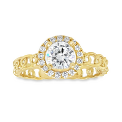 10KT Yellow Gold Womens Cuban Ring with White Stone and White Halo