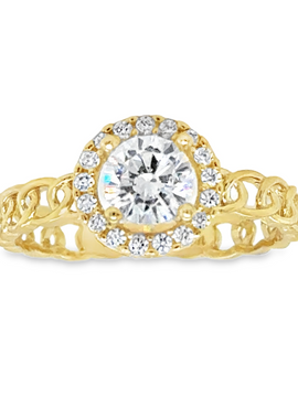 10KT Yellow Gold Womens Cuban Ring with White Stone and White Halo