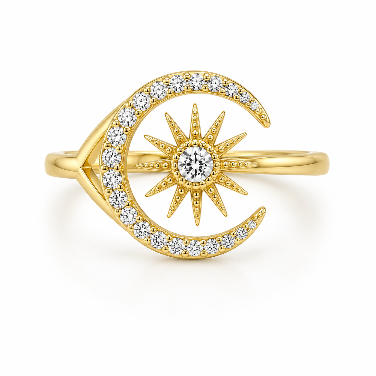 10KT Gold Crescent Moon & Star Ring