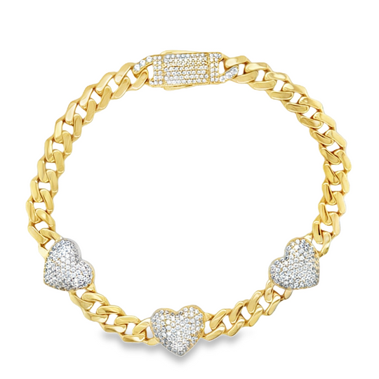 10KT Gold 6MM Cuban Monaco Three Hearts CZ Bracelet 7.5 Inches