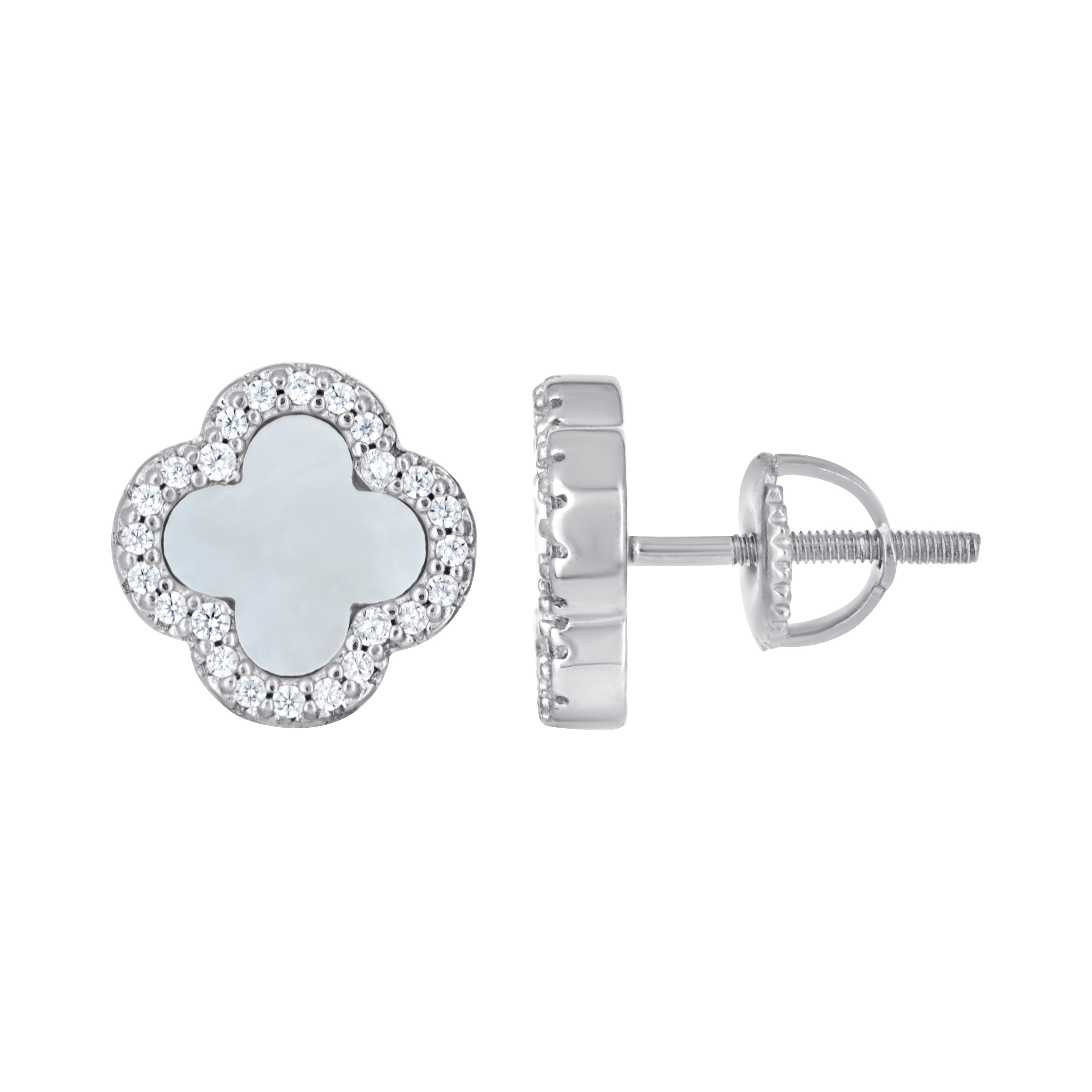 925 Sterling Silver Womens Cubic-Zirconia White Clover Good Luck Stud