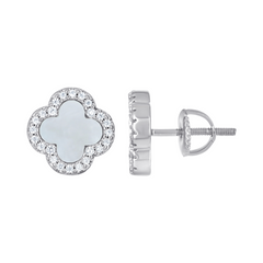 925 Sterling Silver Womens Cubic-Zirconia White Clover Good Luck Stud
