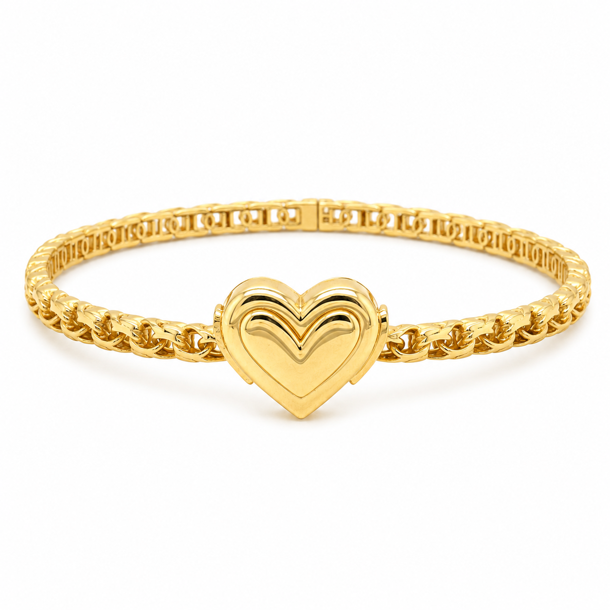 10KT Gold 4MM Chino Monaco Bangle Bracelet with Heart Clasp,  7.5 Inch