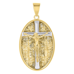 10kt Two-Tone Gold Unisex Oval Crucifix Cross Religious Pendant 39MM w