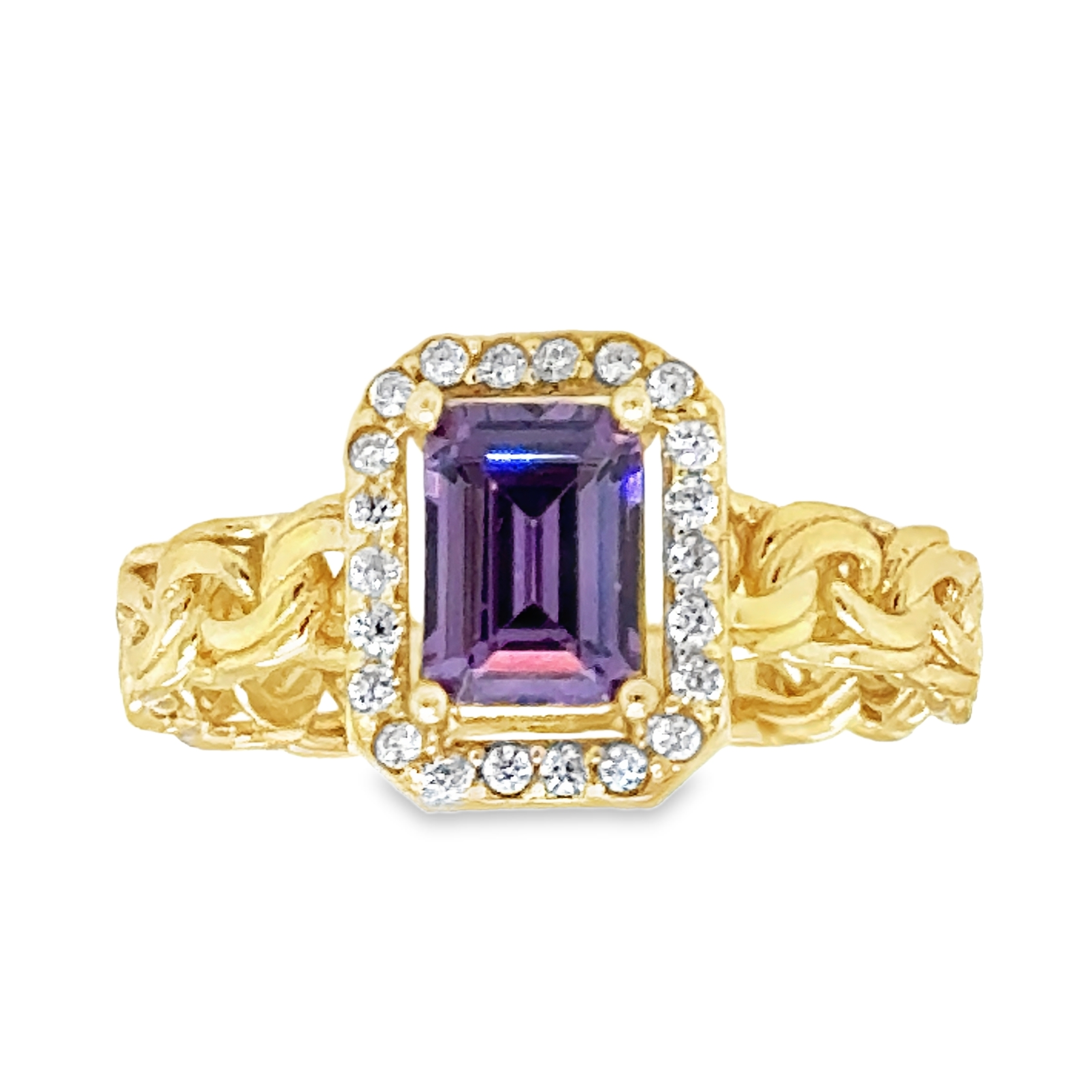 10KT Gold Chino Link Ring with Emerald Cut Amethyst CZ