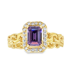 10KT Gold Chino Link Ring with Emerald Cut Amethyst CZ