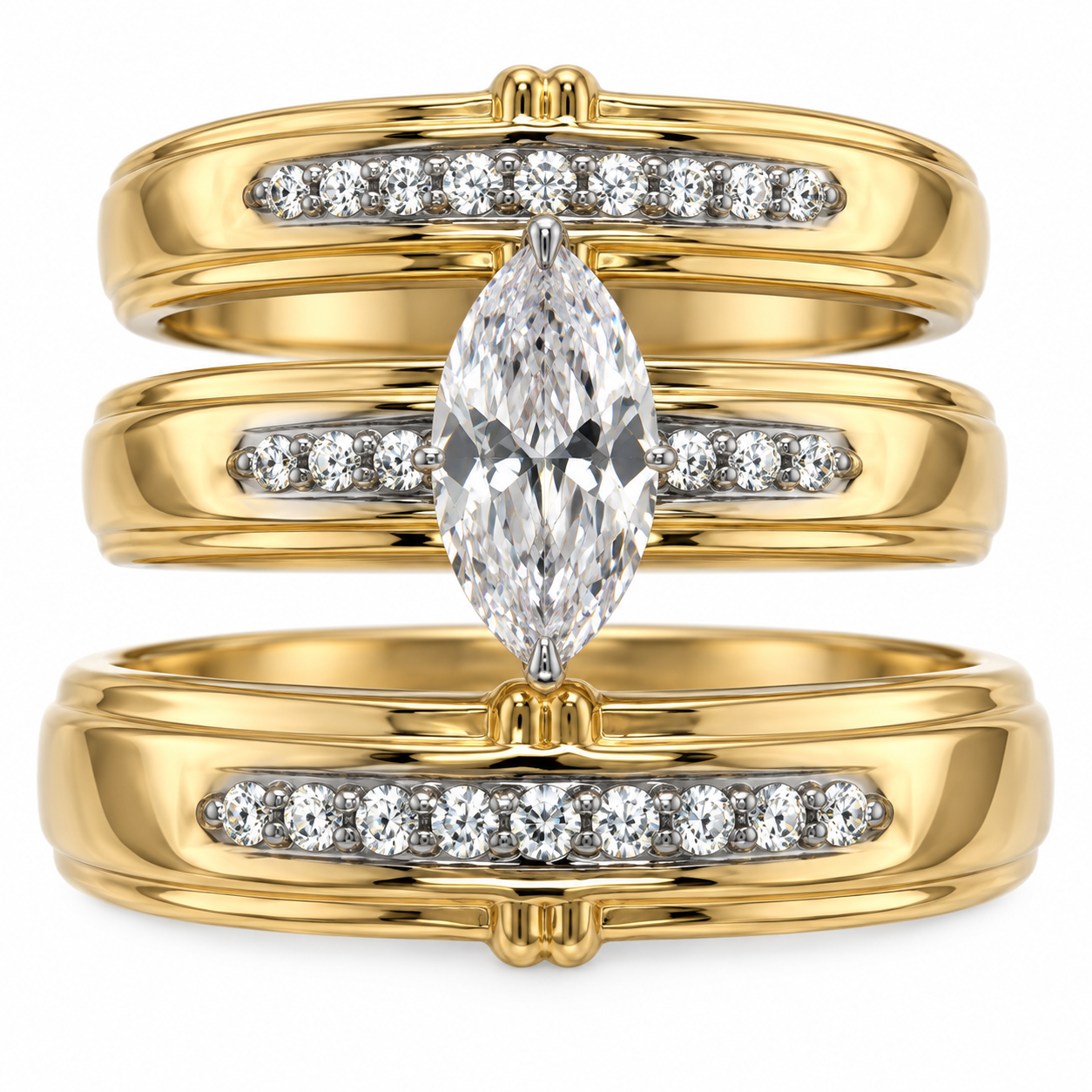 10KT Gold His and Hers Wedding Trio Set with Marquise CZ