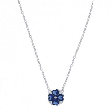 925 Sterling Silver Women Royal Blue Cubic Zirconia Heart Clover Flower Necklace`