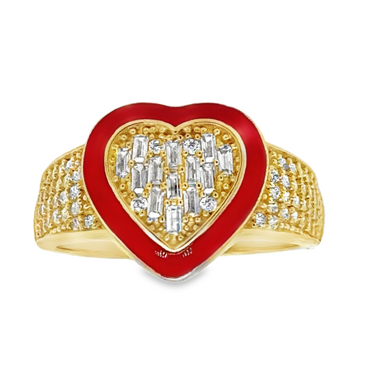 10KT Yellow Gold Heart Ring with Red Enamel