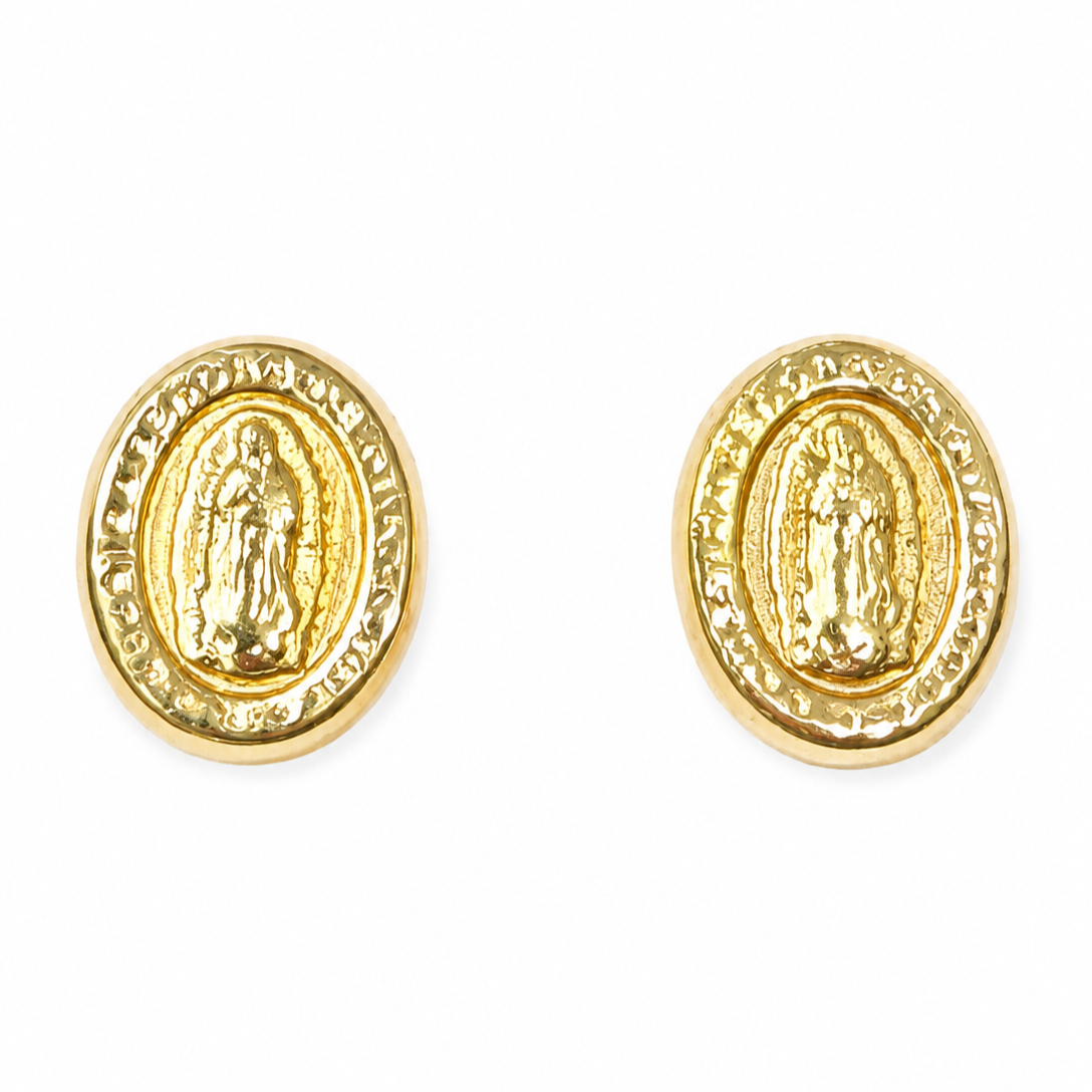 10KT Gold Virgen de Guadalupe Virgin Mary Oval Stud Earrings with Scre