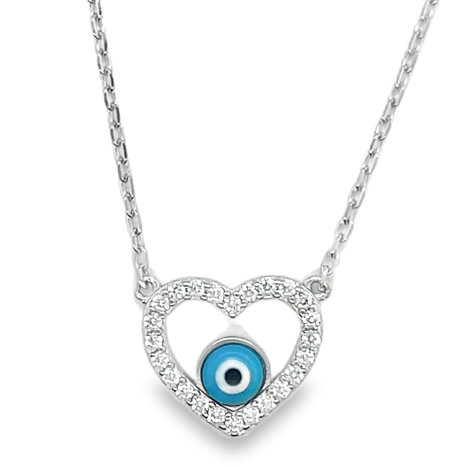 925 Sterling Silver Womens Cubic-Zirconia Heart Evil Eye Necklace