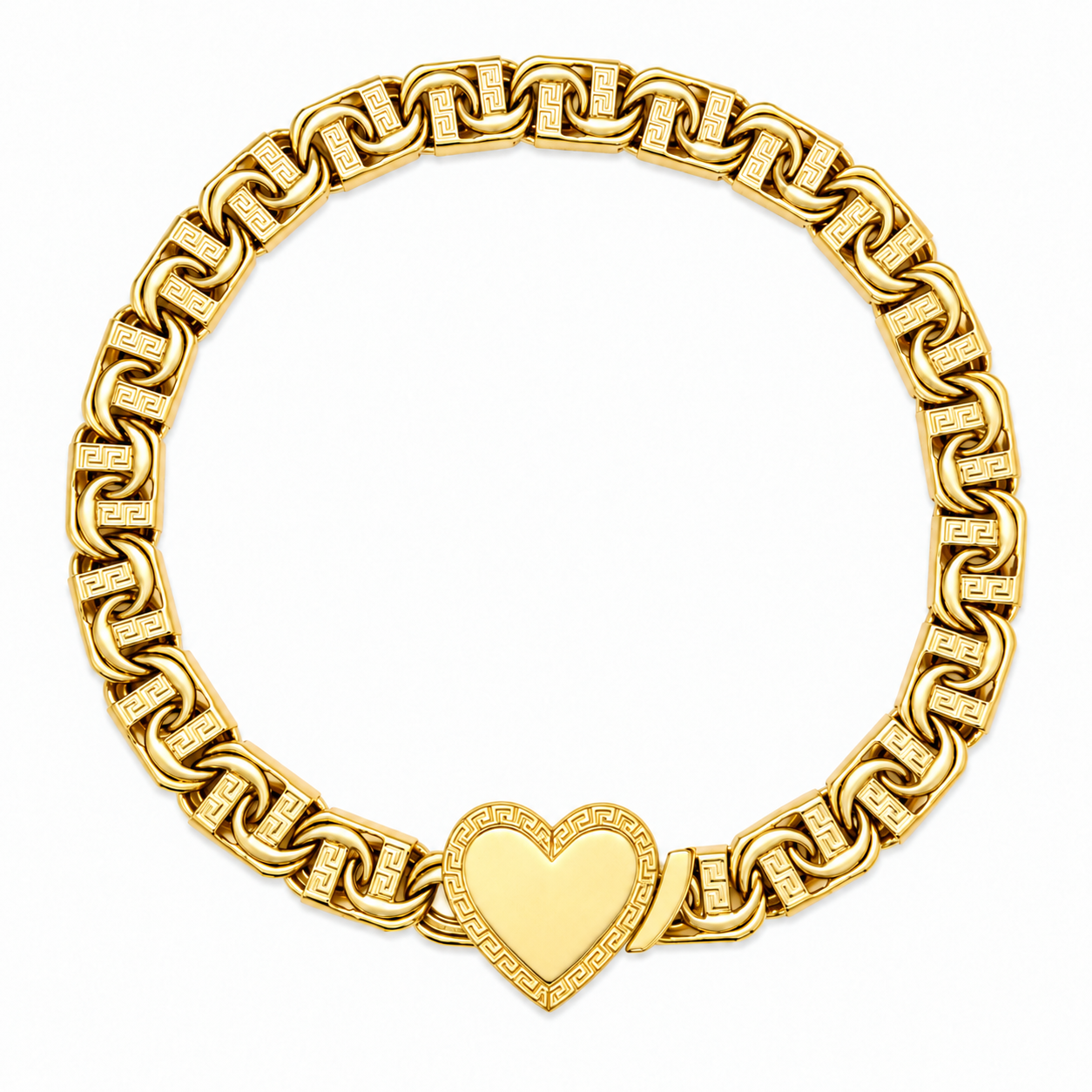 10KT Gold 7MM Chino Bar Heart Bracelet with Greek Bars, Diamond Cut Li