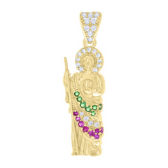 10kt Yellow Gold Mens Green/Red White Cubic-Zirconia St. Jude Religiou