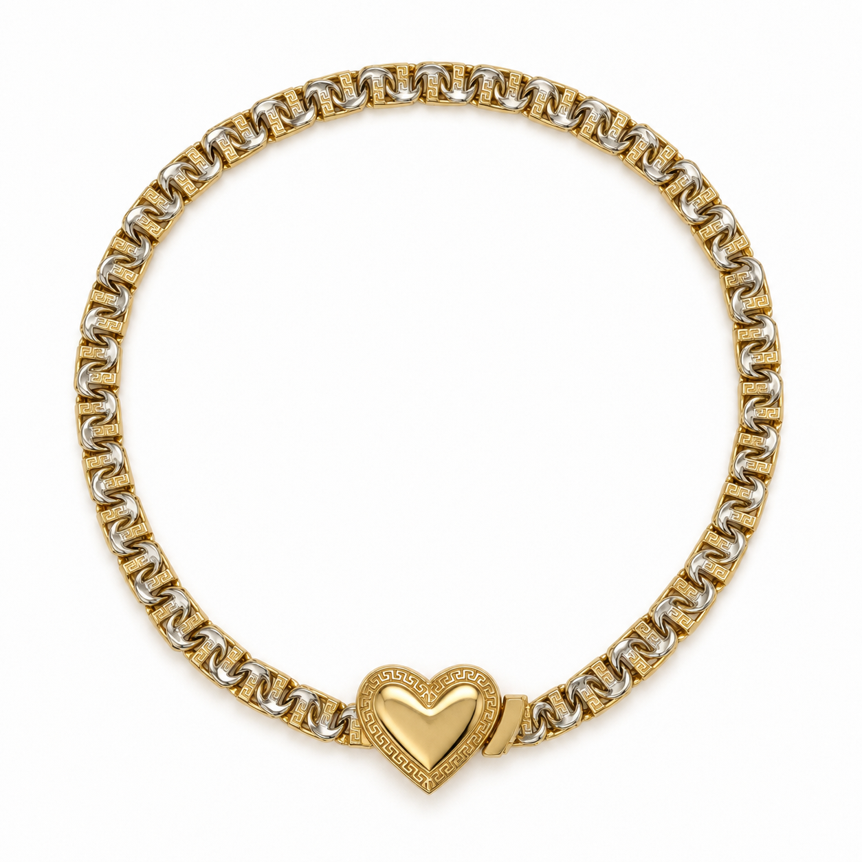 10KT Gold 4MM Chino Bar Heart Bracelet with Greek Bars, Diamond Cut Li