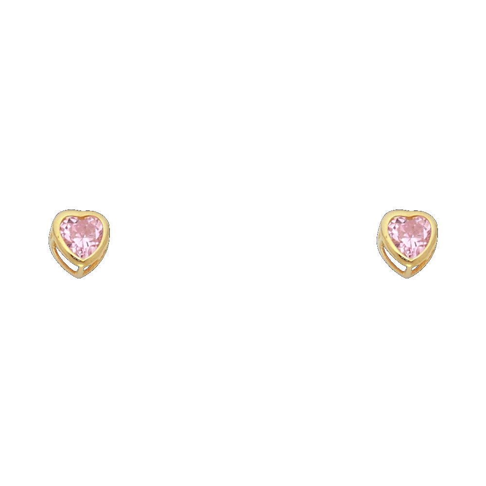 10KT Gold 4MM Pink Heart Bezel CZ Earrings with Screwbacks