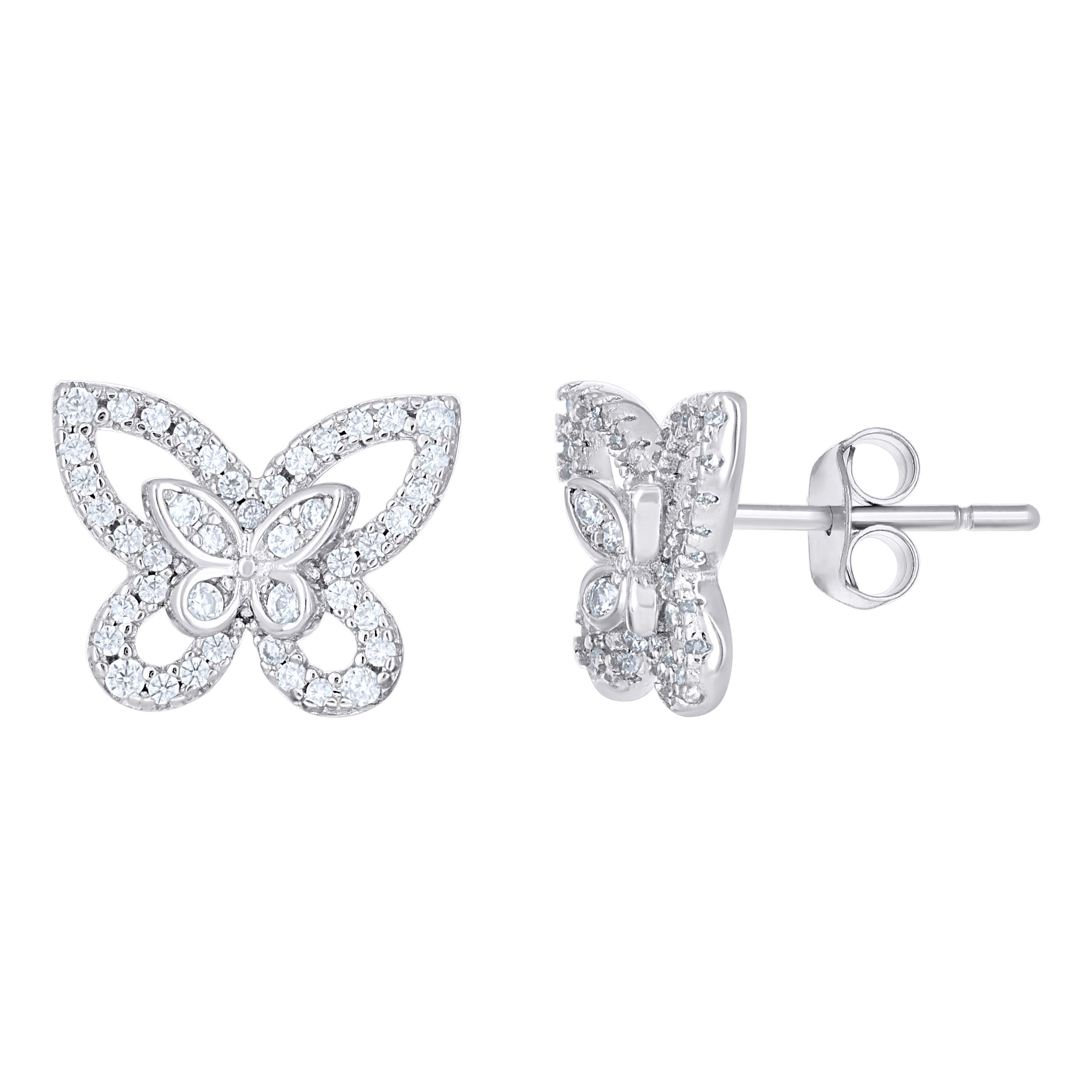 925 Sterling Silver Womens Cubic-Zirconia Butterfly Stud Earrings