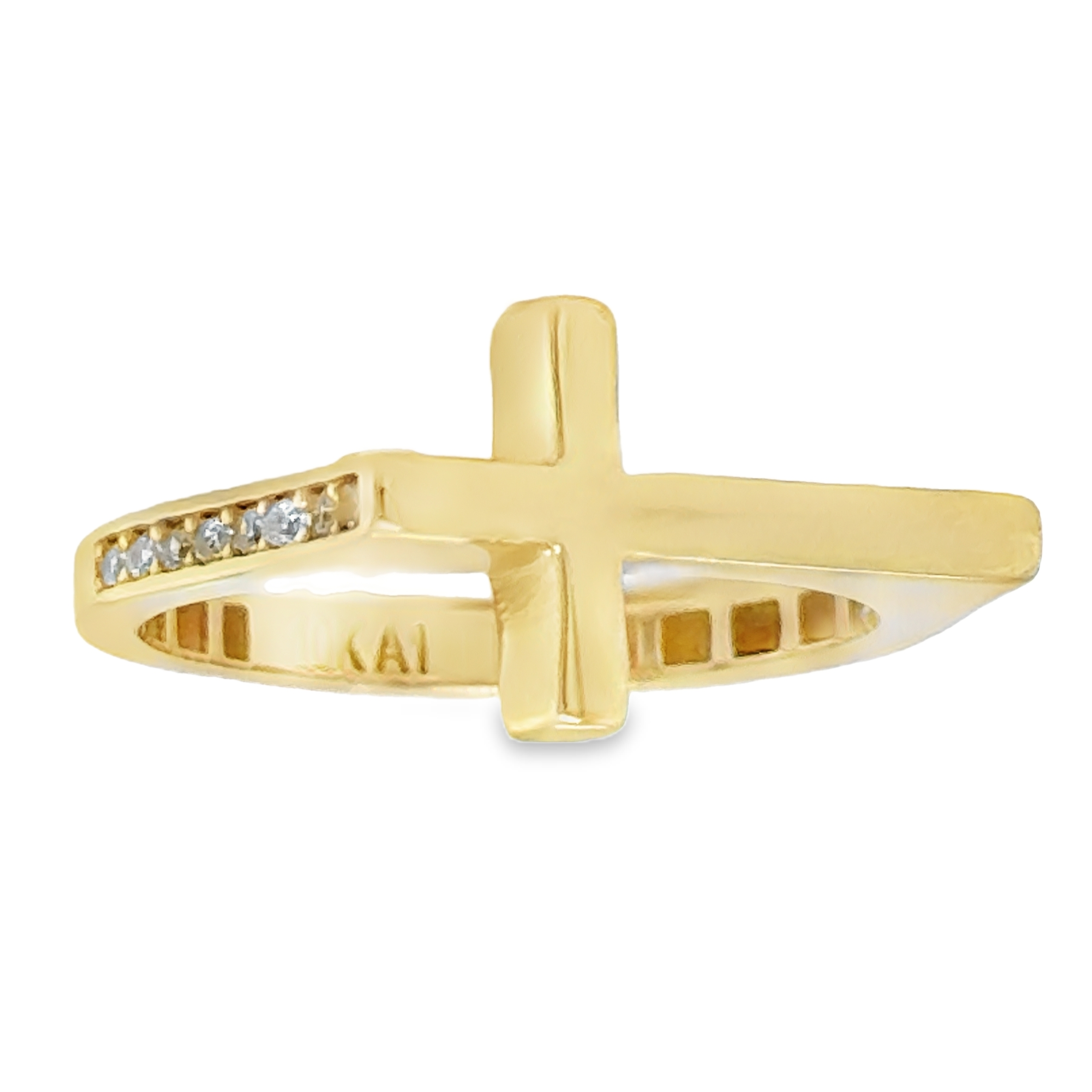 10KT Gold Sideway Cross Ring with Stones on Sides