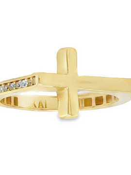 10KT Gold Sideway Cross Ring with Stones on Sides