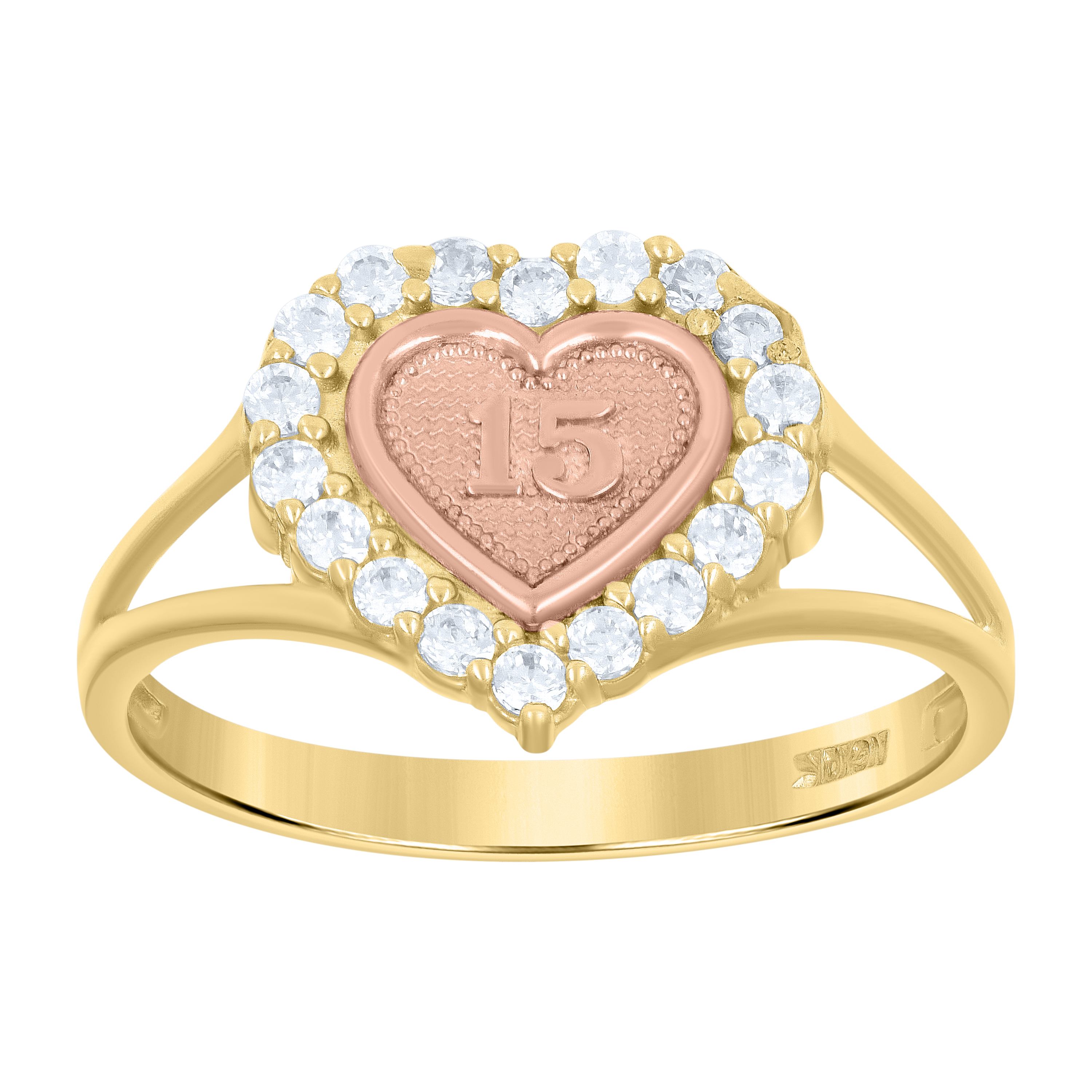 10kt Two-Tone Gold Womens CZ 15 Anos Heart Quinceanera Ring