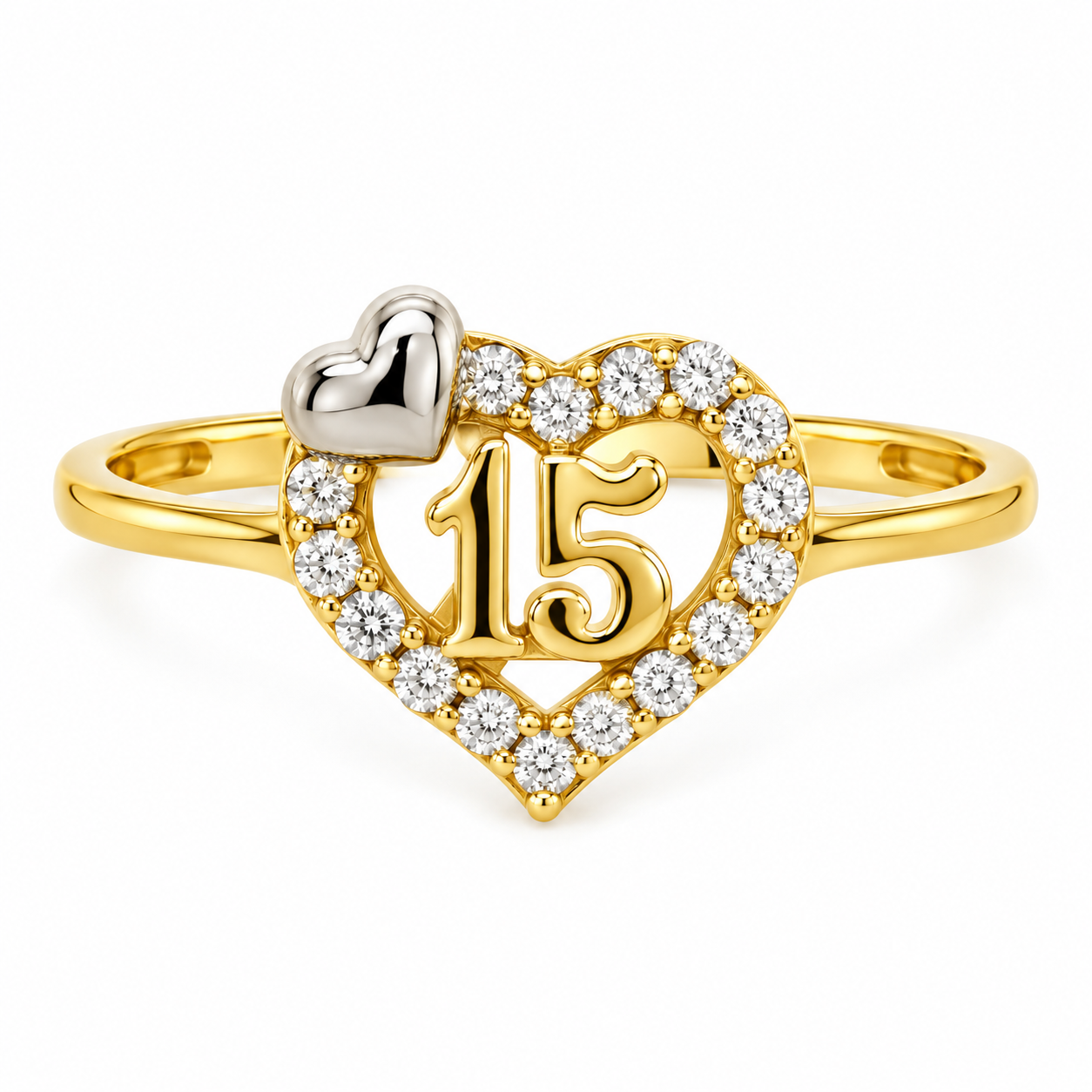 10kt Two-Tone Gold Womens CZ 15 Anos Heart Quinceanera Band Ring