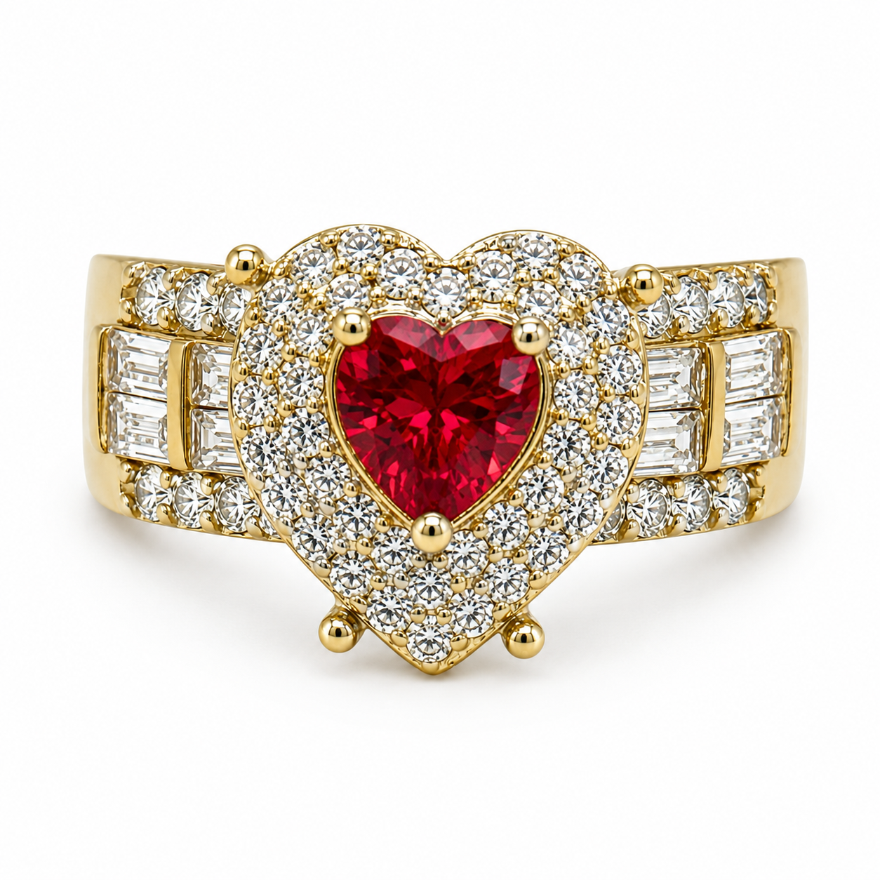 10KT Gold Heart Ring with Baguettes Red Stone