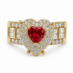 10KT Gold Heart Ring with Baguettes Red Stone