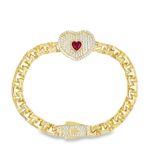 10KT Gold 6MM Chino Link Monaco Heart with Red CZ Bracelet 7 Inches. M