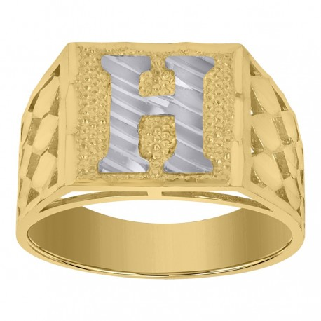 10kt Two-Tone Gold Mens Diamond-Cut Textured Initial Letter H Band Rin