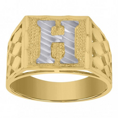 10kt Two-Tone Gold Mens Diamond-Cut Textured Initial Letter H Band Rin