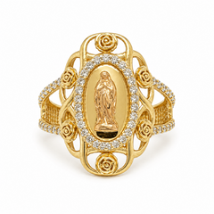 10kt Gold Womens Virgin Mary Virgen de Guadalupe Ring with Flowers