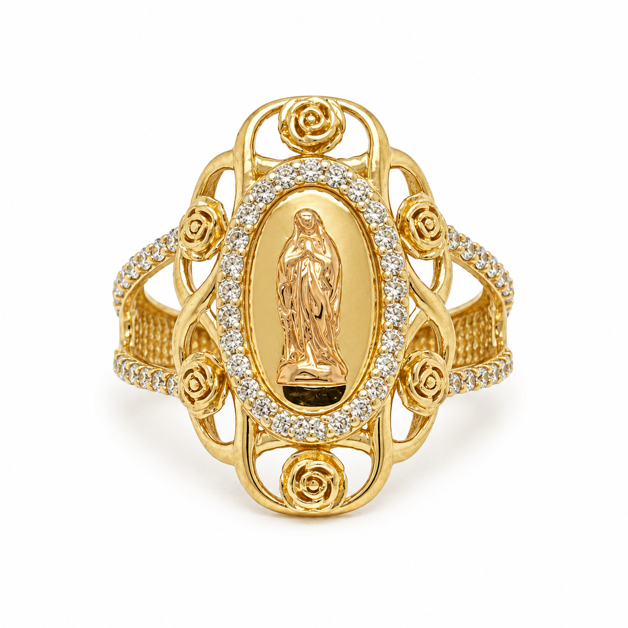 10kt Gold Womens Virgin Mary Virgen de Guadalupe Ring with Flowers