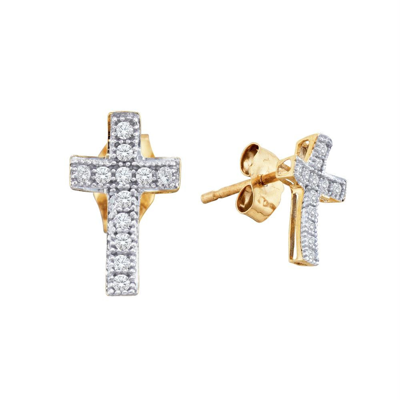 10kt Yellow Gold Round Diamond Cross Earrings 1/10 Cttw